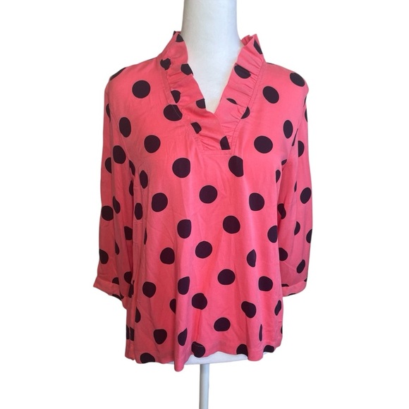 Crown & Ivy Coral Black Polka Dot V-Neck Top XS Ruffle Neck Business Casual EUC - Picture 1 of 9